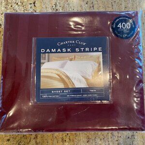 NIP 3-Pc. Charter Club Dark RED DAMASK STRIPE 100% Pima Cotton TWIN SHEET SET